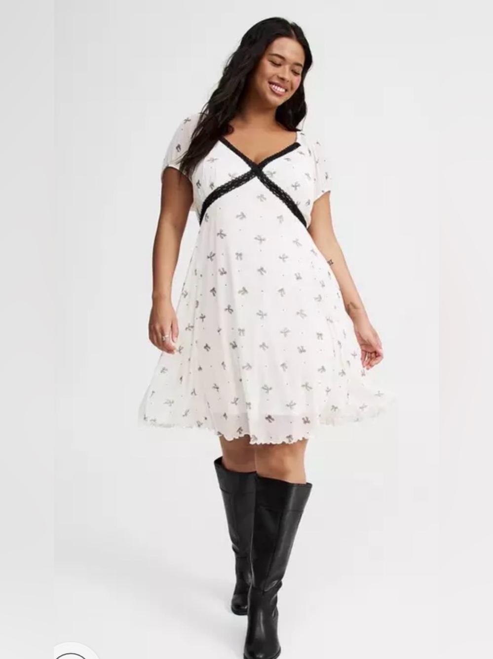 Torrid White Bow Print Empire Waist Dress Womens 3X Lace Trim